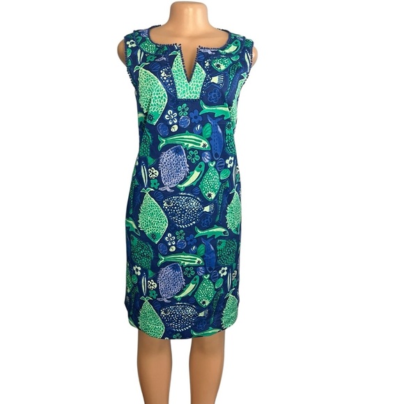 Talbots Blue & Green Fish Print Sheath Dress Cotton Blend - Picture 2 of 9